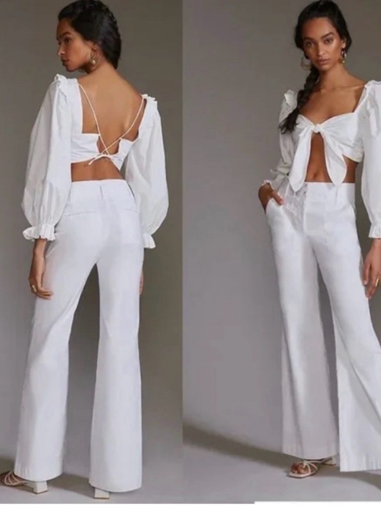 Anthropologie Maeve Naomi Ponte Wide-Leg Flare Pants White Trousers 16
